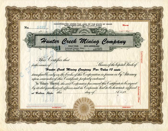 Hunter Creek Mining Co. - Stock Certificate